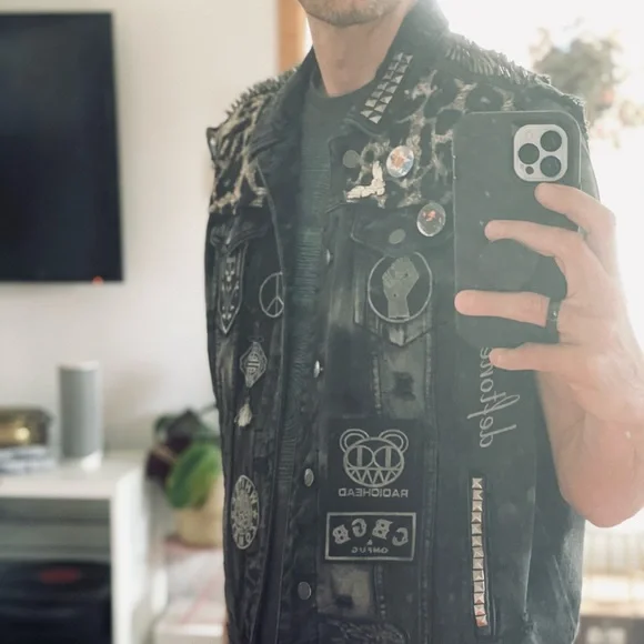 90’s inspired black denim dark battle vest with patches and studs. - Picture 5 of 5